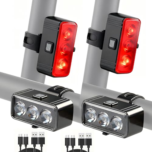 RUTVEING Rechargeable LED Bike Light Kit - 2 Front Headlights & 2 Rear Taillights, Waterproof, 5-7 Mode Cycling Safety Set