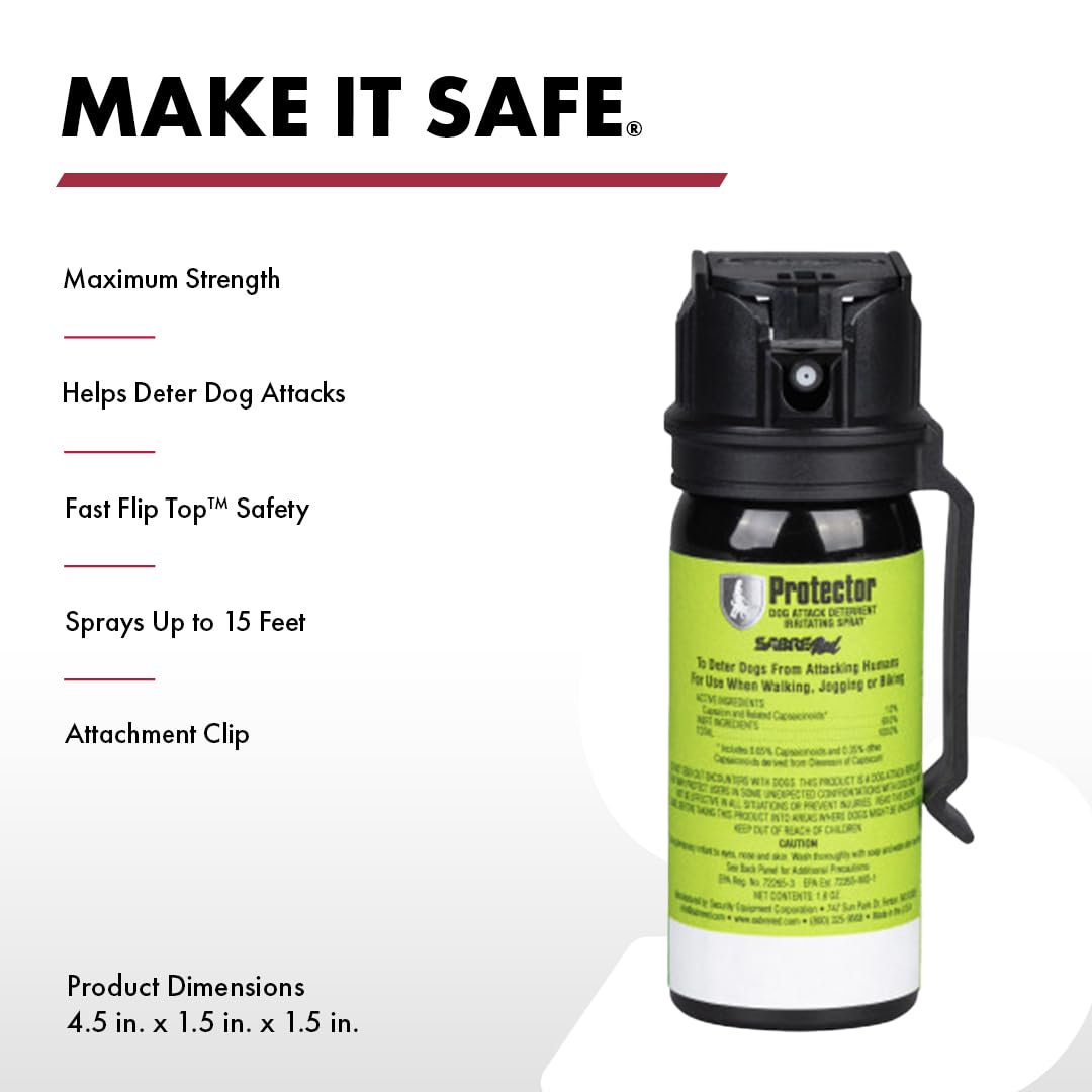 SABRE RED SABRE Protector Dog Pepper Spray & Belt Clip, Fast Flip Top Safety, 7 Bursts, 15-Foot (4.6-Meter) Range, Humane Dog Attack Deterrent, Max Strength Allowed By EPA for Self Defense, 1.8 fl oz
