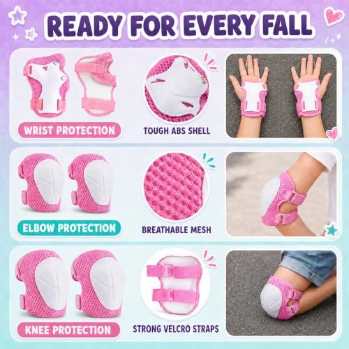 Pink Kids Bike Helmet Set for Ages 3-8 with Knee Elbow Wrist Pads, Small 19.69-21.26"