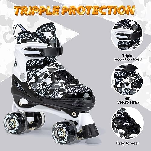 Kuxuan Adjustable Kids Roller Skates - Camo Black, Large (Youth 4-7 US) with Illuminating Wheels
