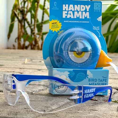 Handy Famm Blue Measuring Tape and Safety Glasses Double Bundle, 2 Lightweight Scratch Resistant Protective Eyewear for Children and 2 8Ft Animal Shaped Kids Tape Measurers