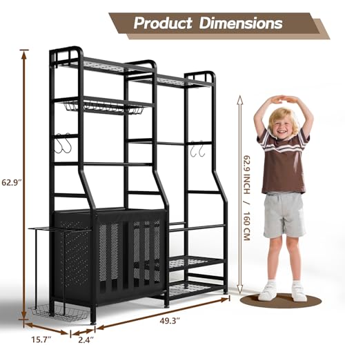 Heavy Duty Sports Equipment Organizer with Storage Bins & Hooks