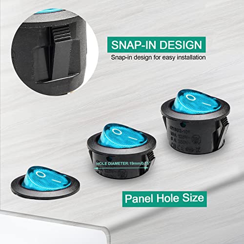 3-Pin On/Off Rocker Toggle Switch with Blue LED - 5 Pack