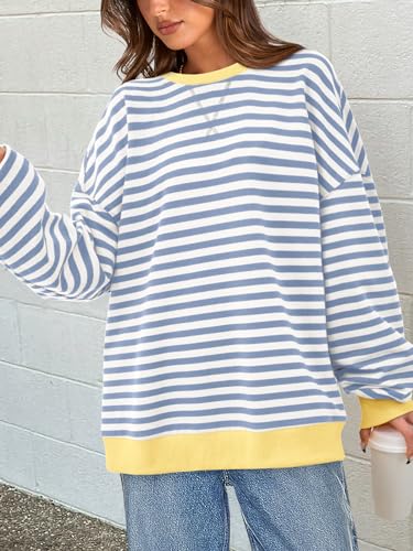 Striped Oversized Sweatshirt - Lightweight Fall Pullover Top - Small Blue Beige