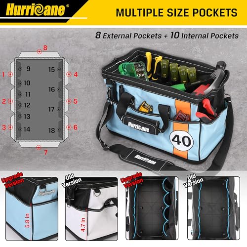 HURRICANE 16 inch Wide Mouth Tool Bag with Water Proof Molded Base with Extra Shoulder Strap, Racing theme-Blue, Multi Pockets, Large Inner Space