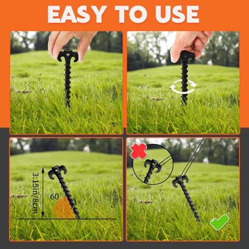Spiral Tent Stakes - 8 Pack 7.5 Inch Black Plastic Anchors