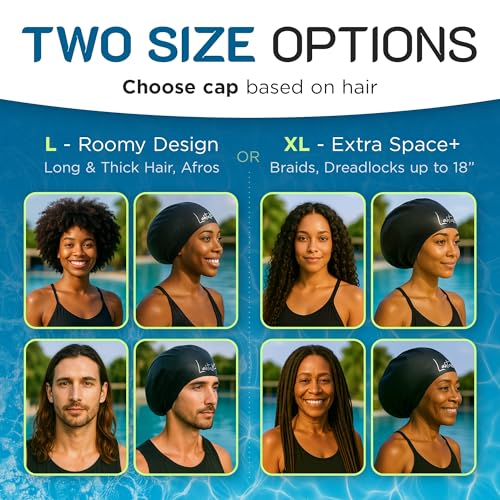 Lahtak Large XL Swim Cap for Long Hair – Women & Men with Braids & Dreadlocks (Black)