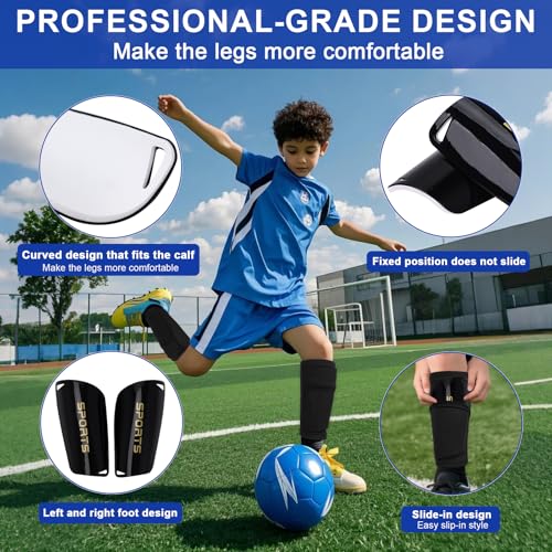 Kids Soccer Shin Guards - 2 Pairs Lightweight Protective Gear - Black+Aqua