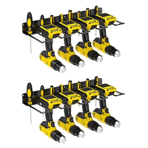 2 Pack Drill Holder Wall Mount, Power Tool Organizer, 4 Cordless Metal Drill Racks with Screwdriver Hole, Heavy Duty Garage Tool Organizer Storage Rack for Workshop Tool Room Basement