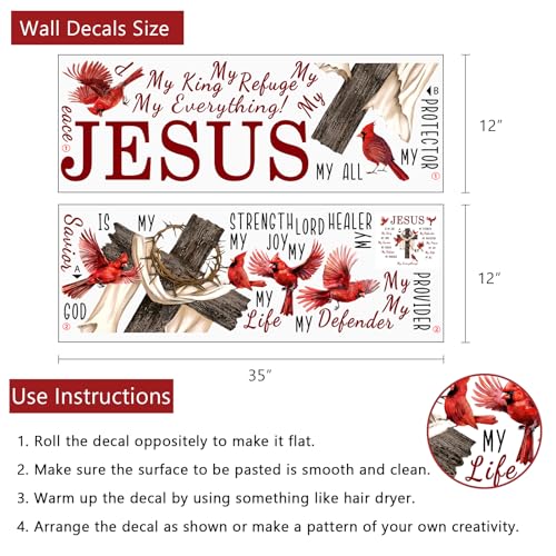 Yovkky Christian Cross Cardinal Memorial Wall Decals Stickers, Religious Red Birds Jesus is My God Home Bedroom Decor, Bible Verse Quotes Living Room Kitchen Decorations Art