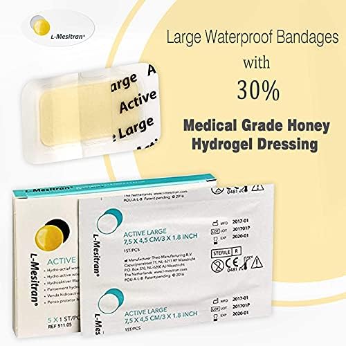 L-Mesitran Medical Grade Honey Bandages (10 Pieces in 2 Packs) - 30% Honey - Wounds Healing Waterproof Medicated Non-Adhering Sterile Gauze Pads Dressing to Cover Small Cuts, Abrasions, Burns