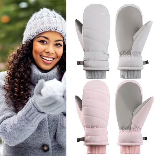 Winter Ski Mittens - Waterproof Windproof Snow Gloves - Light Gray