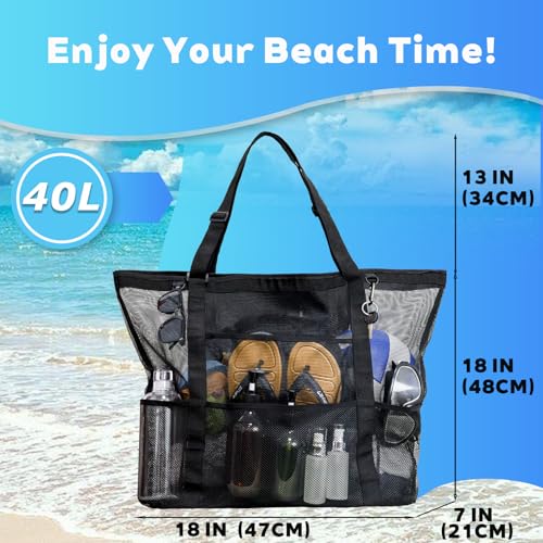 Large 40L Mesh Beach Bag Tote with Multiple Pockets - Black