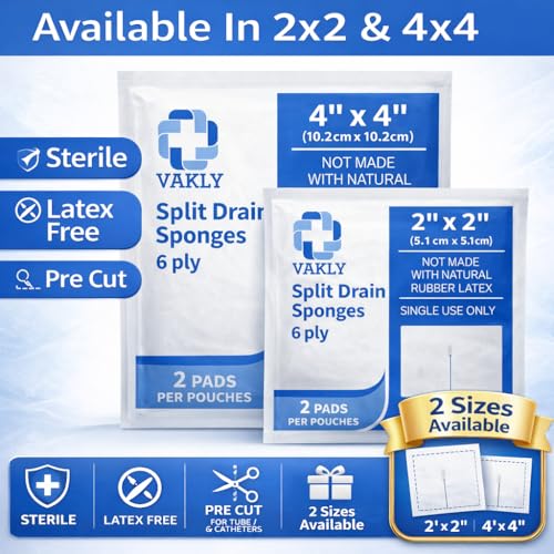 Vakly Sterile Split Drain Sponge Gauze 4 x 4, 6-Ply, 50 Pack