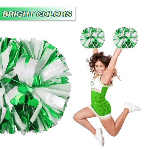 Lovecheer Green and White 2PCS Cheerleading Pom Poms with Baton Handle - Kids & Adults Sports Cheer Accessories