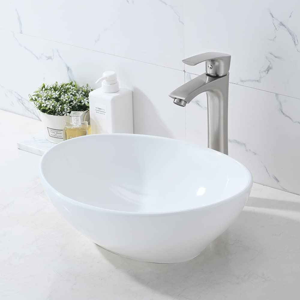Oval Vessel Sink with Faucet and Drain Combo -Bokaiya 16x13 White Bathroom Sink Above Counter Oval Sink Porcelain Ceramic Vessel Sink Art Basin