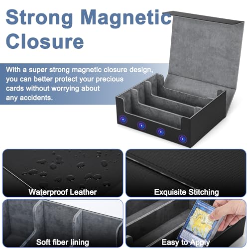 Ralout Black and Gray Card Deck Case for Trading Cards 1800+ Capacity, Magnetic Closure, Leather Storage Box for MTG YuGiOh Sports Cards