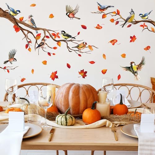 Fall Wall Stickers Tree Bird Branch Leaves Wall Decals Autumn Room Mural Stickers for Thanksgiving Home School Office Party Decor, 11.8 x 35.4 Inch, 2 Rolls