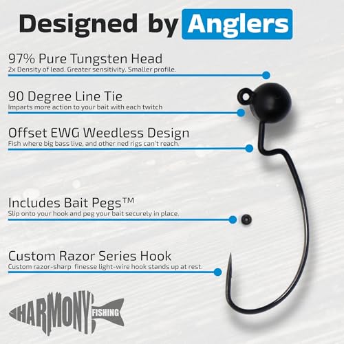 Harmony Fishing Tungsten Offset Weedless Ned Rig Jigheads 1/16oz 5 Pack