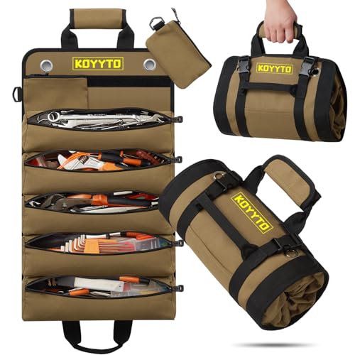 Premium Tool Roll up Bag - Heavy Duty Small Tool Bag Organizer and Storage with W/Detachable Pouches,Waterproof Oxford Cloth,Suitable for Motorcycle,Truck,Electrician,Mechanics etc,Brown