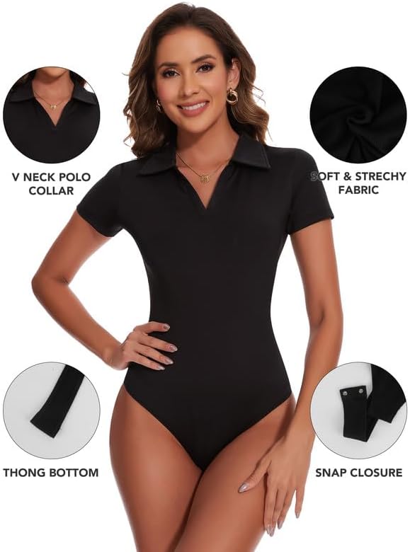SHAPERIN Women's V-Neck Polo Bodysuit - Sexy Slim Fit Leotard in Multiple Sleeve Styles