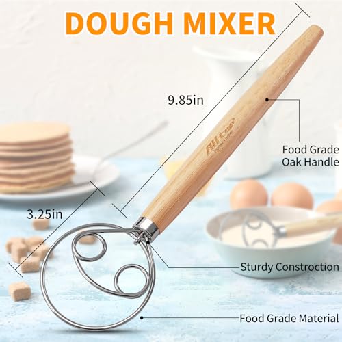 Danish Dough Whisk - Stainless Steel Bread Mixer with Wooden Handle - Double Eye
