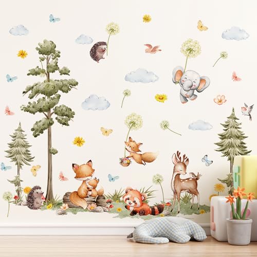 Woodland Animals Large Tree Wall Stickers Bear Fox Elephant Wall Decals Pine Tree Forest Stickers for Baby Nursery Kids Bedroom Living Room Wall Decorations