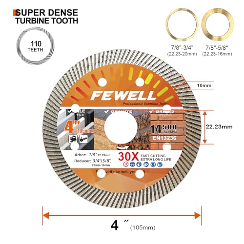 FEWELL 4Inch Diamond Ceramic Saw Blade for Angle Grinder,Spuer Thin Turbo Blade Cutting disc for Porcelain,Ceramic Tile Granite Brick and Concrete 105x10x22.23 mm (3-Packs)