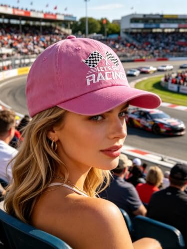 Pink Let's Go Racing Embroidered Cotton Baseball Cap for Men Women - One Size