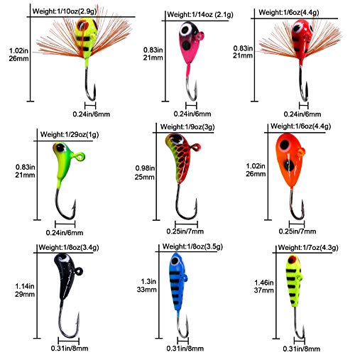 Ice Fishing Jigs Kit - Glow Lure Heads for Panfish & Walleye - Color D-9pcs