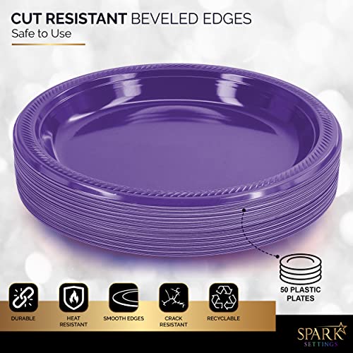 Purple Disposable Plastic Dinner Plates 10.4 Inches Pack of 50 - Strong & Sturdy Partyware