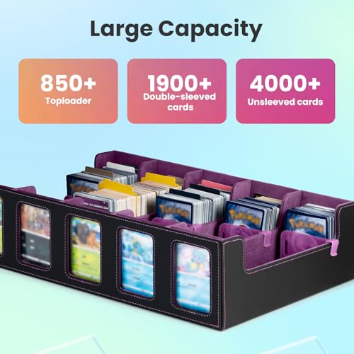 Gvirtcoz Trading Card Storage Box 4000+ Cards with 48 Dividers, Removable Lid, Handle – Black & Purple