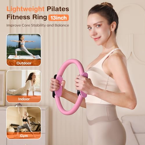 Pilates Kit - 13-Piece Home Workout Set with Ring & Ball - Pink