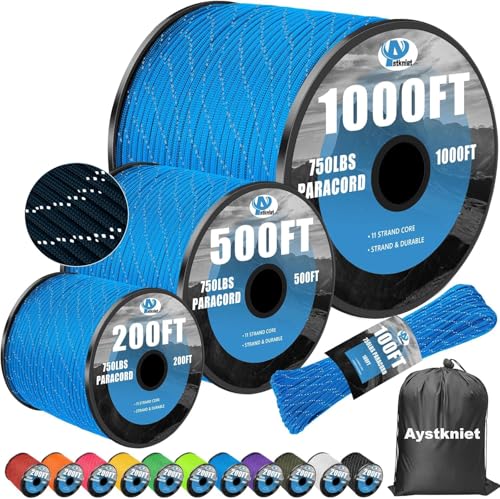 Reflective Paracord Rope - 100FT, 50LB Breaking Strength, Blue