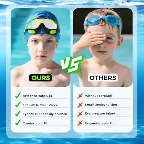3 Pack Swimming Goggles, Kid Goggles with Earplugs Large Frame