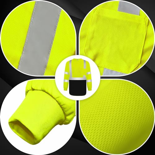 Work Shirts for Men Construction Class 3 High Visibility Shirts for Men, Hi Vis Reflective Safety T-Shirts for Men Women, Long Sleeve Work Shirts with Black Bottom, Yellow XL, 3PCS