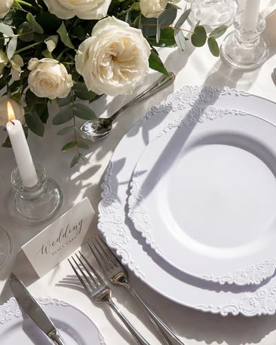 Morejoy White Plastic Plates Disposable 100pcs Set – 50 x 10.25'' Dinner + 50 x 7.5'' Dessert, White Elegent Package
