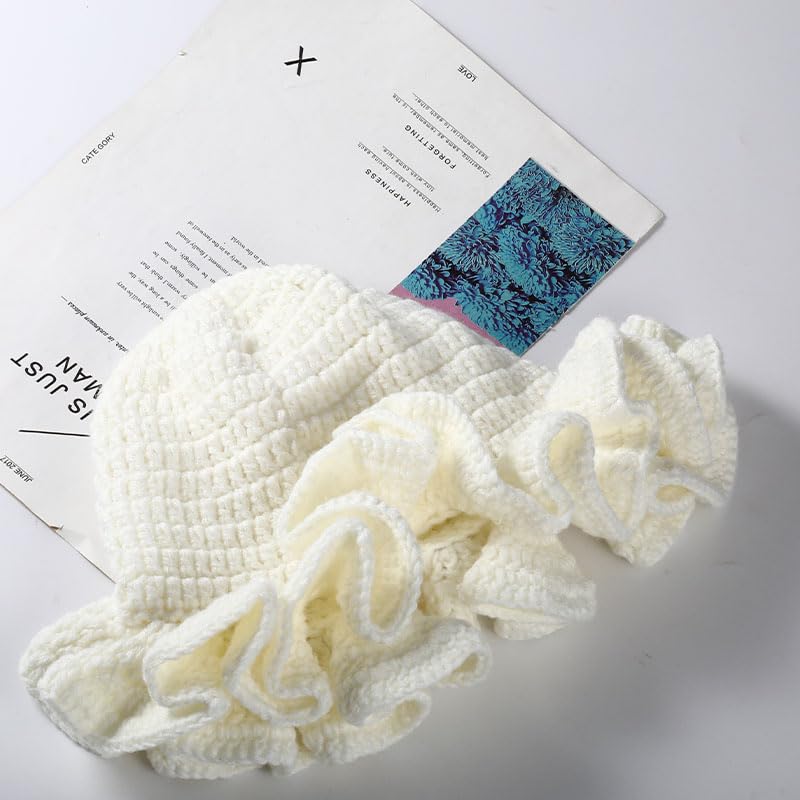 Women Crochet Bucket Hat Handmade Knit Boho Floppy Cap - White, 7-7 1/4