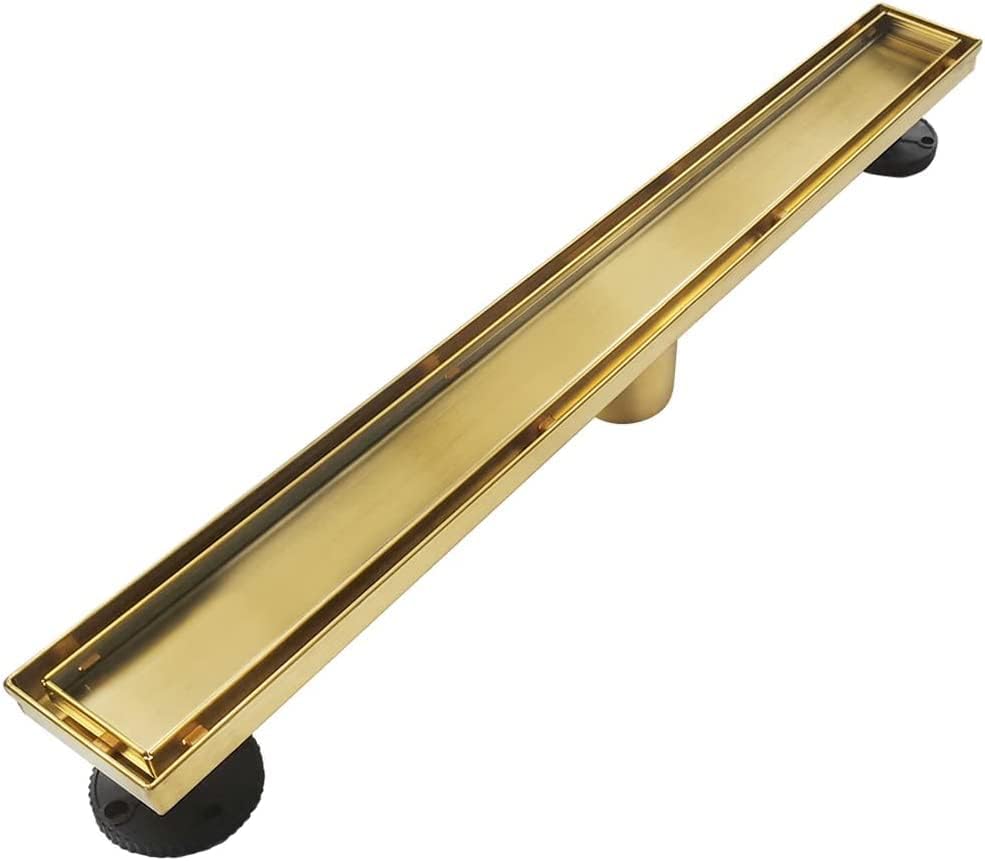 Neodrain 18-Inch Gold Linear Shower Drain - Brushed Brass, Tile Insert Cover & Hair Strainer
