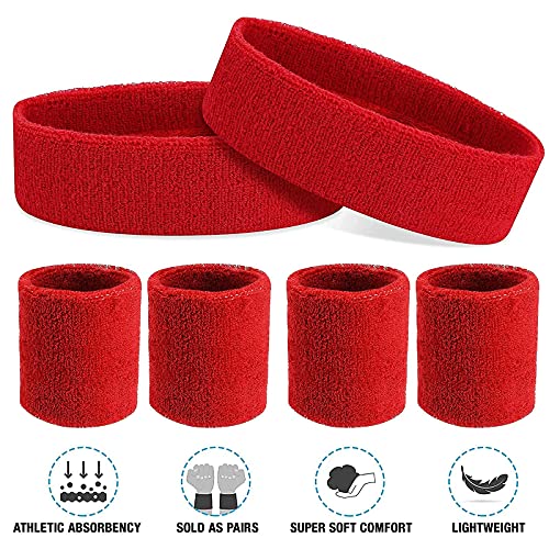 Red Sweatband Set - 6 Piece Headband & Wristband Set