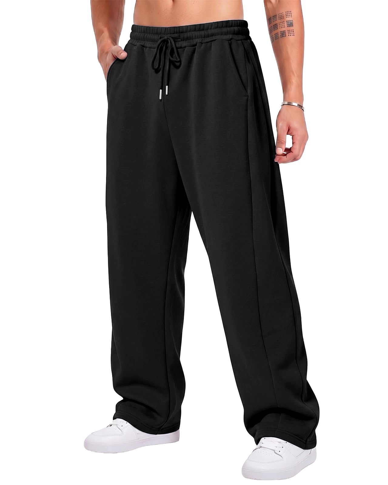 BUXKR Men's Baggy Sweatpants Wide Leg Sweat Pants Fleece Lounge Cotton Loose Elastic Drawstring Waist Pants with Pockets Black