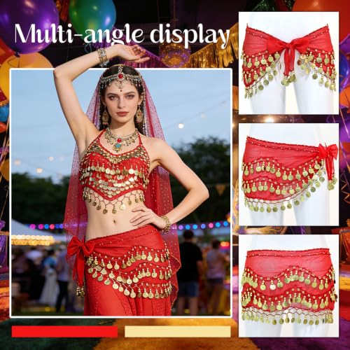 Belly Dance Hip Scarf Tie Waist Wrap with 128 Coins - Red