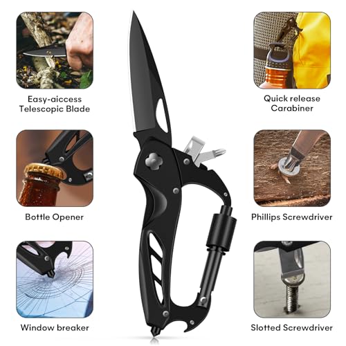 Multitool Carabiner with Pocket Knife - Black 6-in-1 Survival Gear