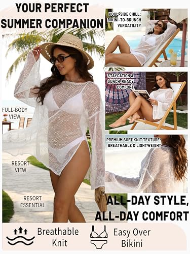 Women White Crochet Sheer Kaftan Coverup Large - Swimwear & Beachwear