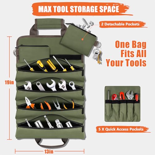 Roll Up Tool Bag-Gifts For Men Dad Husbands Him, Father's Day Birthday Gifts For Men, Heavy Duty Tool Organizer Bag With 2 Detachable Pouches Mechanic Carpenter (Green)