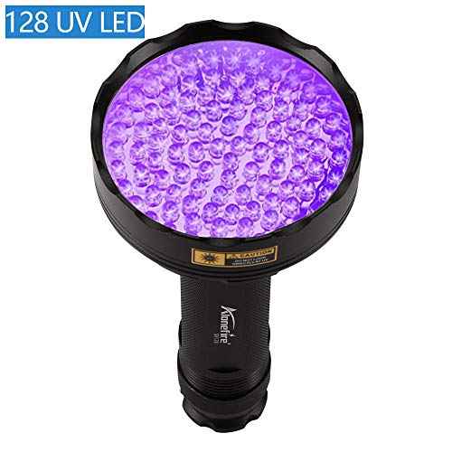 Alonefire SV128 395nm UV Flashlight 128 LEDs Woods Lamp Ultraviolet Black Light for Pet Urine Detection, Scorpion Detection, Dry Stain, Bedroom, Fishing with UV Protective Glasses, 6PCS AA Battery