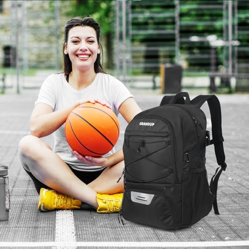 Grandup Basketball Backpack Black Honeycomb with Ball & Shoe Compartments, 28L Sports Bag