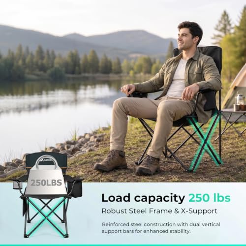 Overmont Lightweight Camping Chair with 3-Can Cooler, Black & Navy, 250 lb Capacity