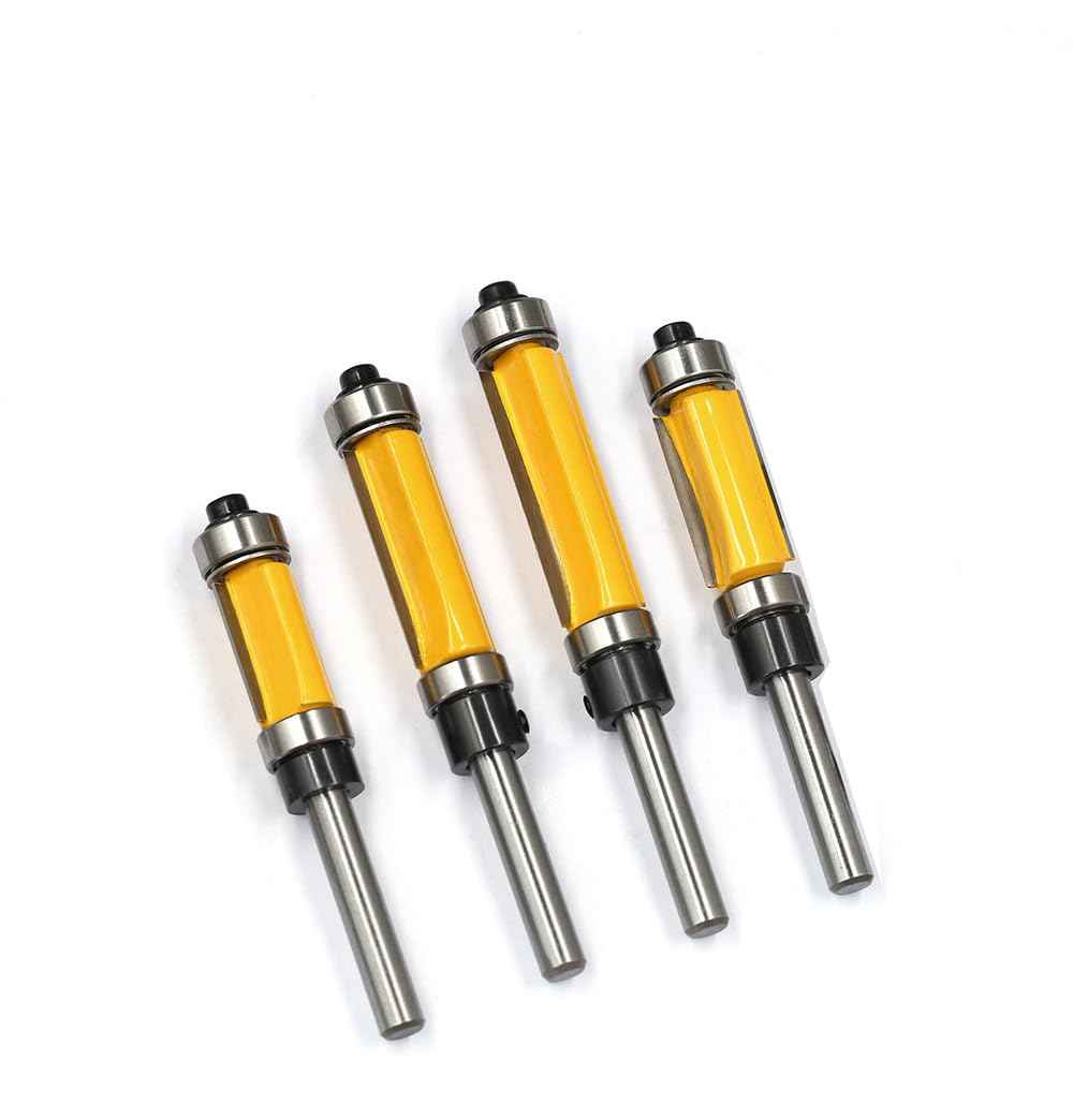 4Pcs Top and Bottom Bearing Flush Trim Router Bits Set 1/4 Inch Shank, Carbide Pattern Flush Trim Cut Router bit, 1/2 Inch Cutting Diameter, 3/4", 1", 1-1/4", 1-1/2" Inch Cutting Length (Size A)