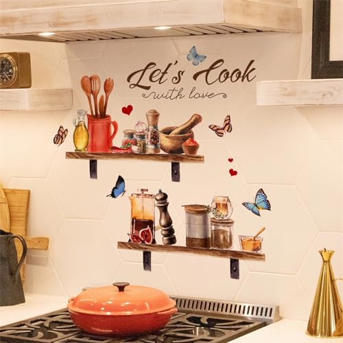Bowl Kitchenware Spice Jar Shelf Butterfly Wall Stickers, sacinora Let¡¯s Cook with Love Wall Decals Removable Vinyl Peel and Stick for Kitchen Dining Restaurant Baking Room Bar Home Decor